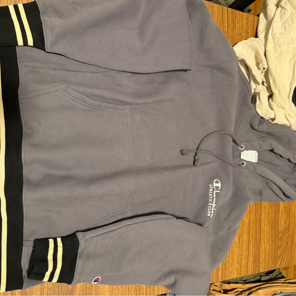 Champion Gray Hoodie with Black and Cream Stripes